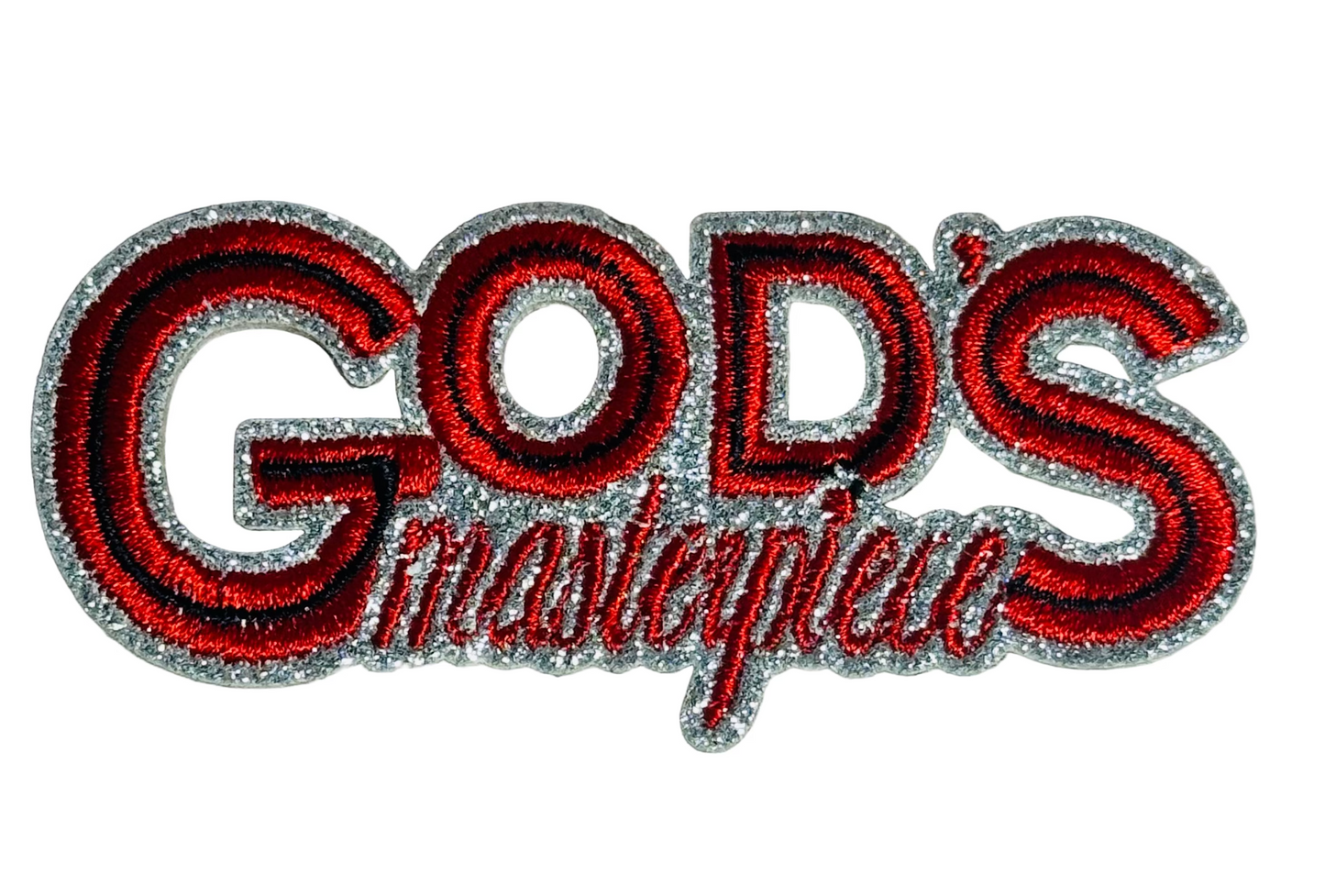 God’s Masterpiece Embroidered Iron-On Patch – Red & Silver Glitter Faith Patch