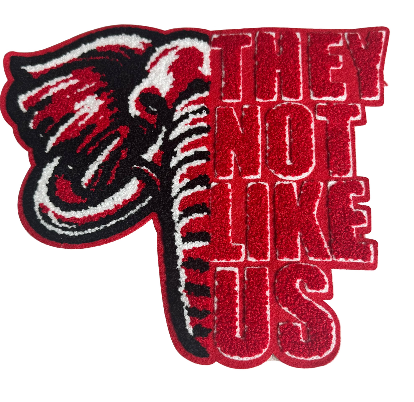 They Not Like Us Elephant Patch – Bold Red Statement Design