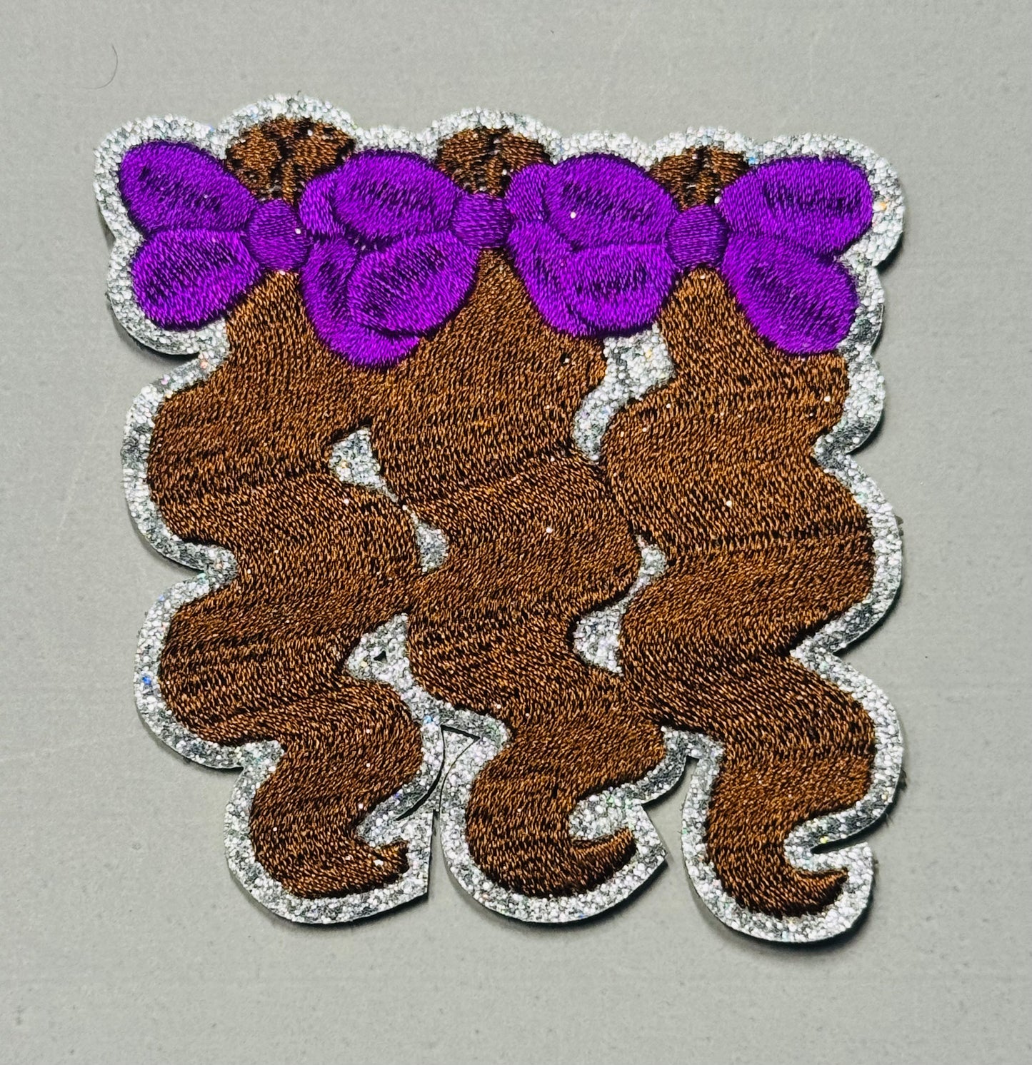 “Triple Bow Curly Hair Patch – Purple Bows (Silver Outline)”