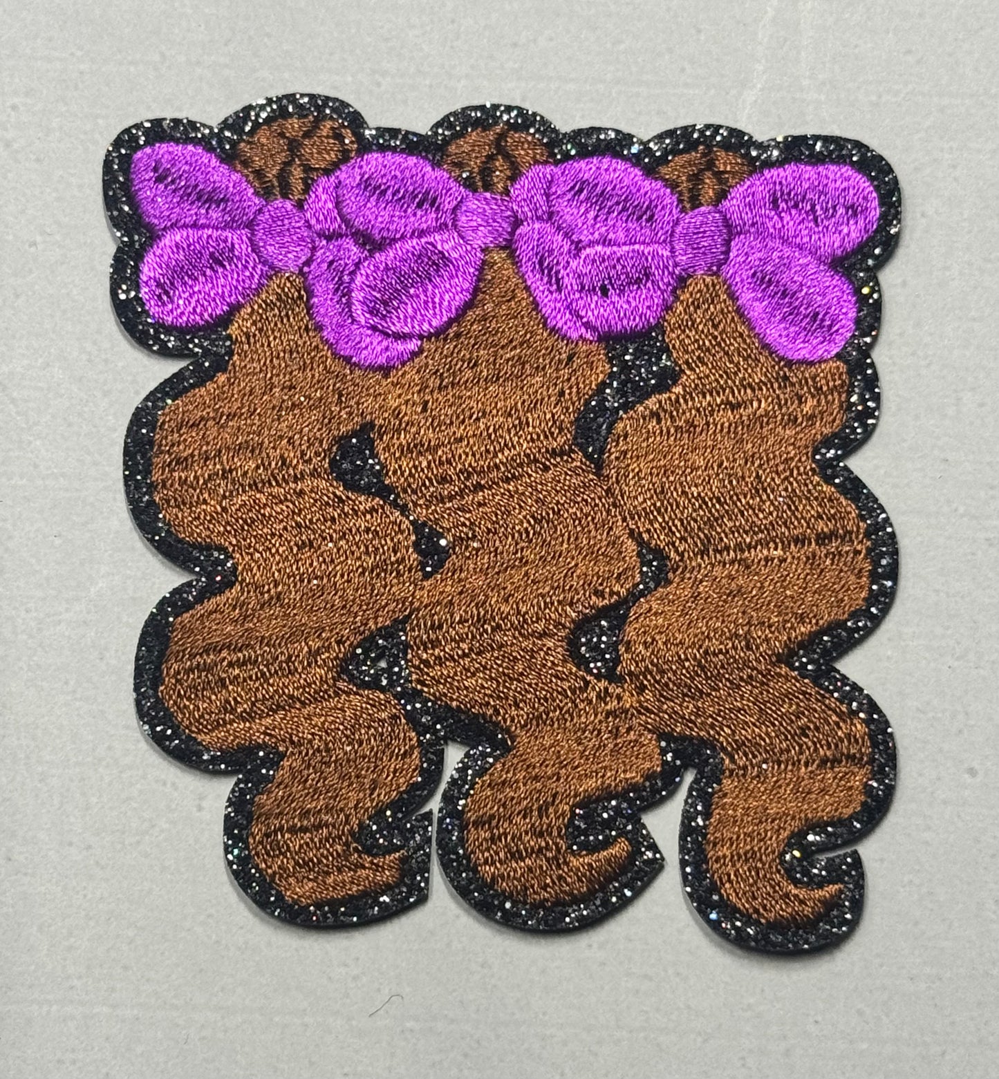 “Triple Bow Curly Hair Patch – Purple Bows (Black Glitter Outline)”