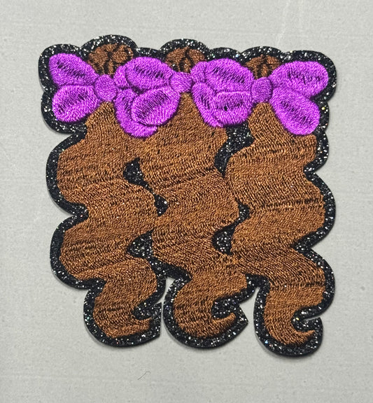 “Triple Bow Curly Hair Patch – Purple Bows (Black Glitter Outline)”