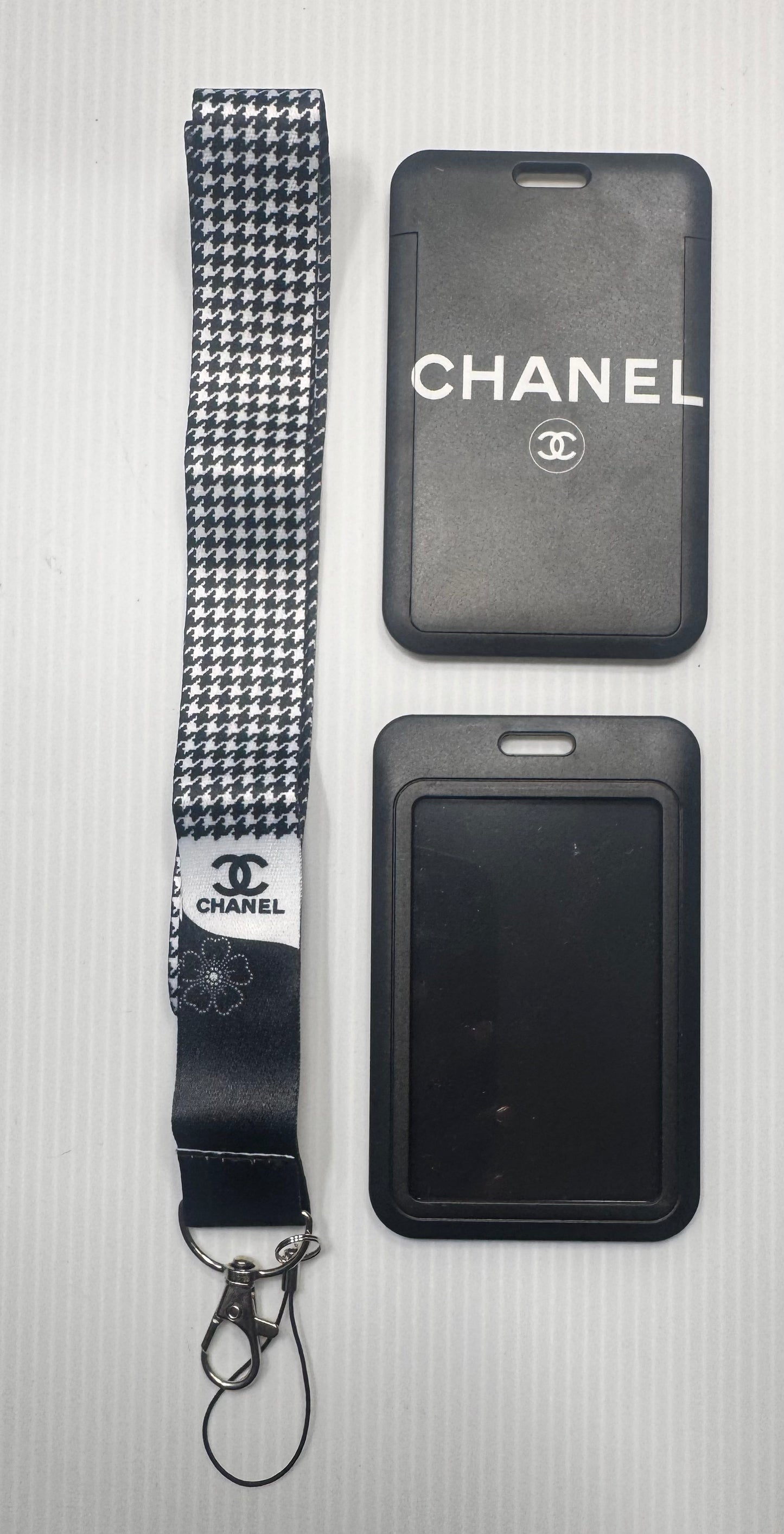 CC 2 PC BLK/WHITE CHANEL WORD  ID LANYARD