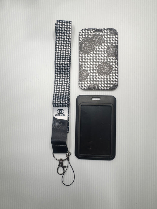 CC 2 PC BLK/WHITE FLOWER ID LANYARD