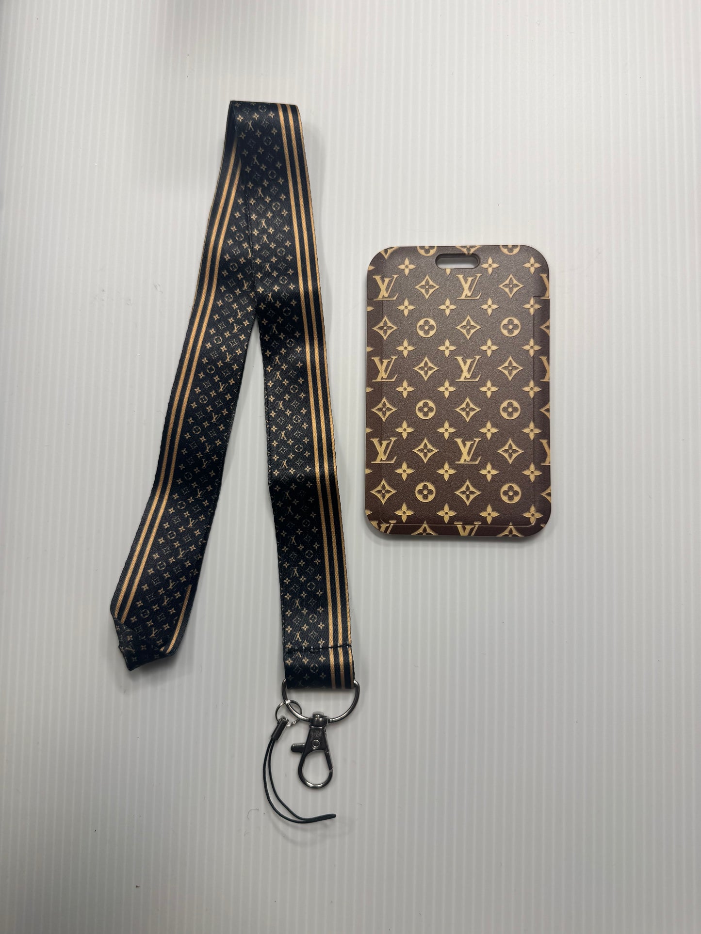 LV INSPIRED BROWN LARGE W/ LIGHT BROWN LETTERING LOGO 2PC LANYARD