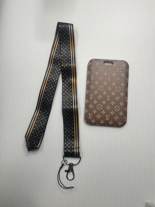 LV INSPIRED DARK BROWN SMALL LOGO 2PC LANYARD