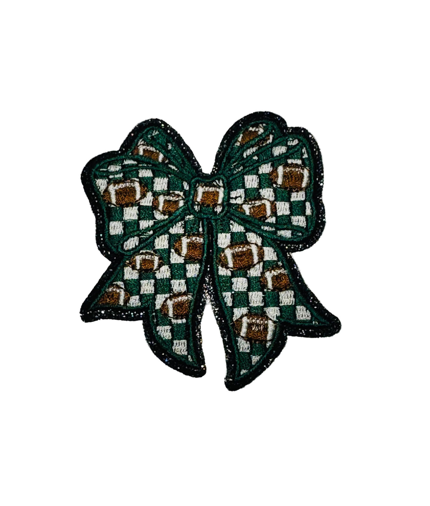 Football Checkered Bow Iron-On Patch Green
