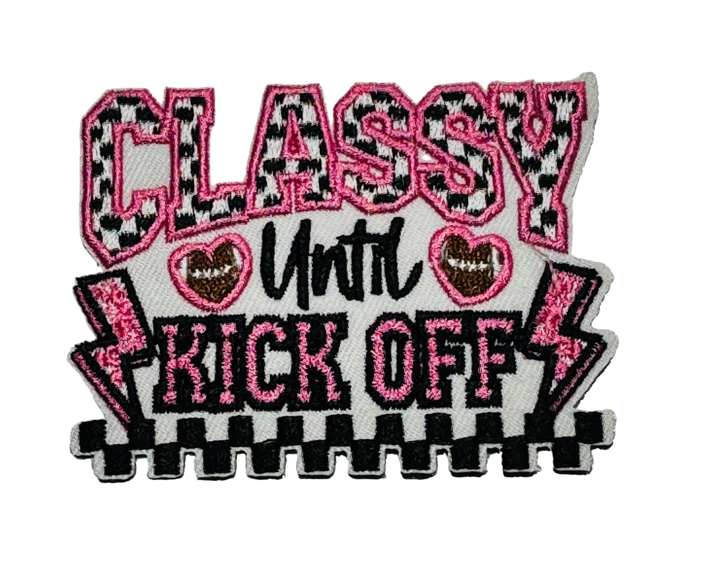 Classy Until Kickoff” Lightning Iron-On Patch Pink