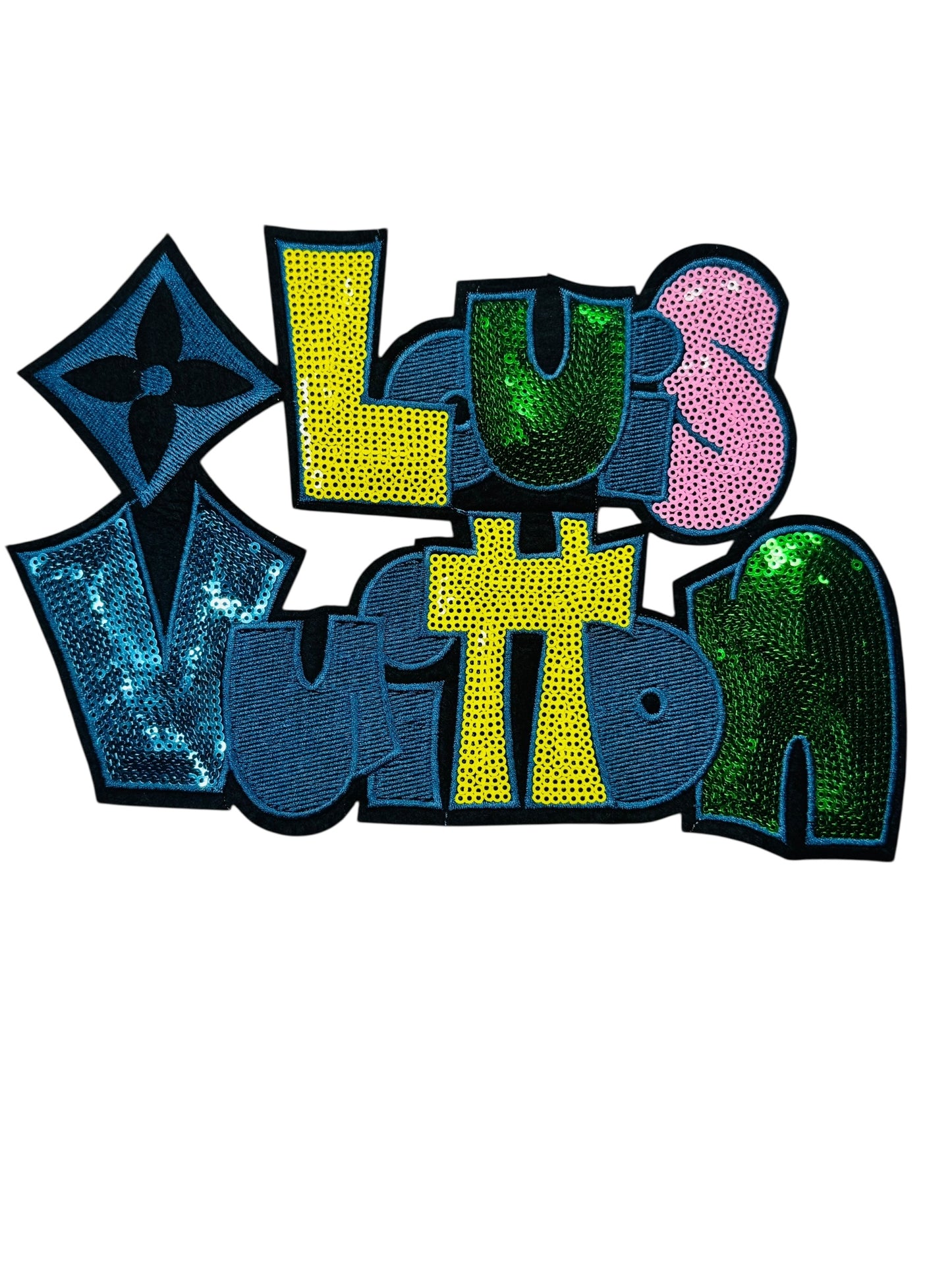 LV-INSPIRED BLUE/YELLOW/GREEN SEQUIN WORDS