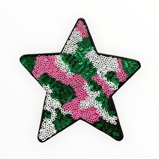 Pink green camo star sequin patch