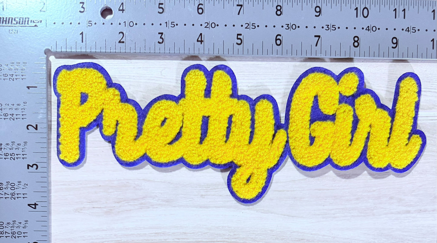 Pretty girl chenille script patch – yellow/blue