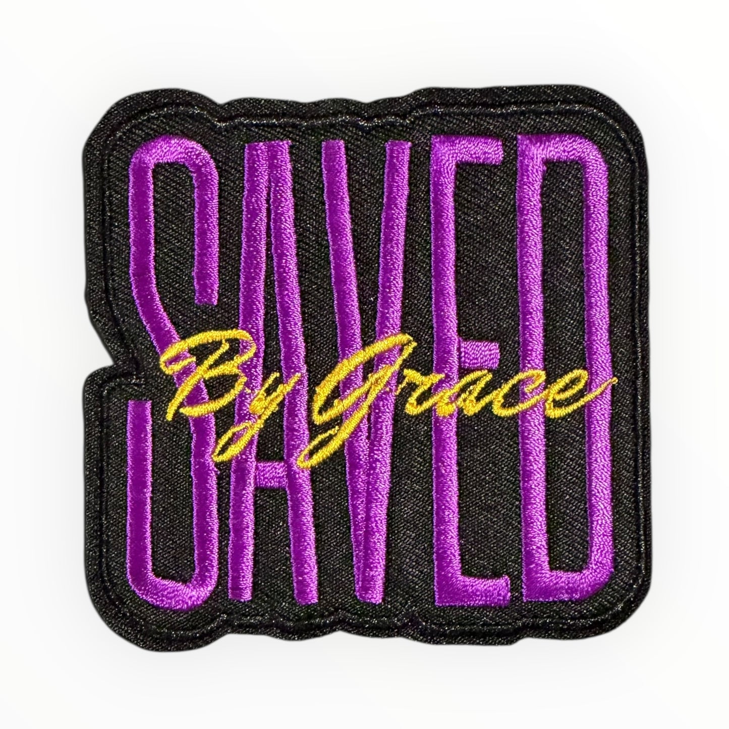 Saved by grace embroidered patch – purple