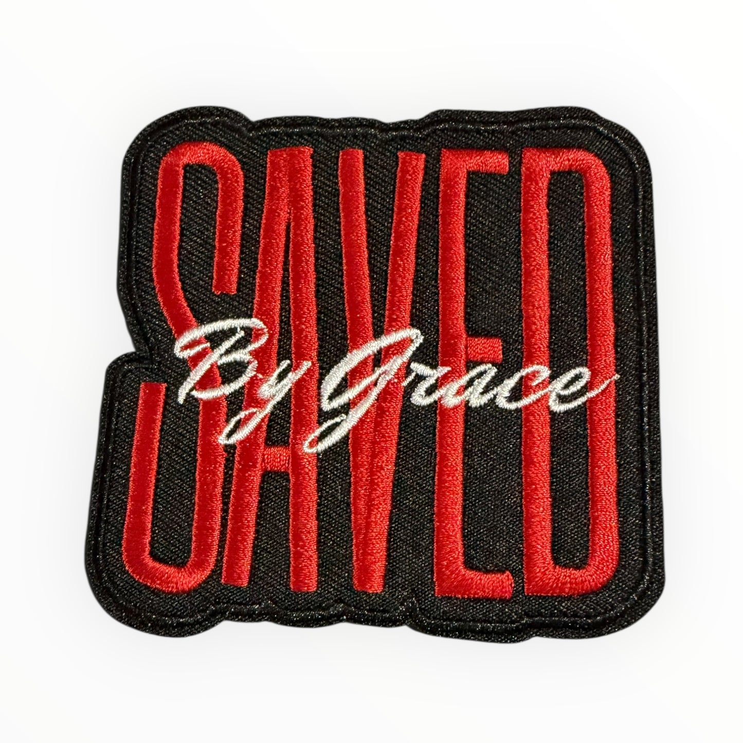 Saved by grace embroidered patch – red