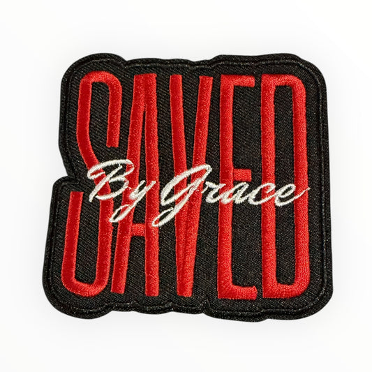Saved by grace embroidered patch – red