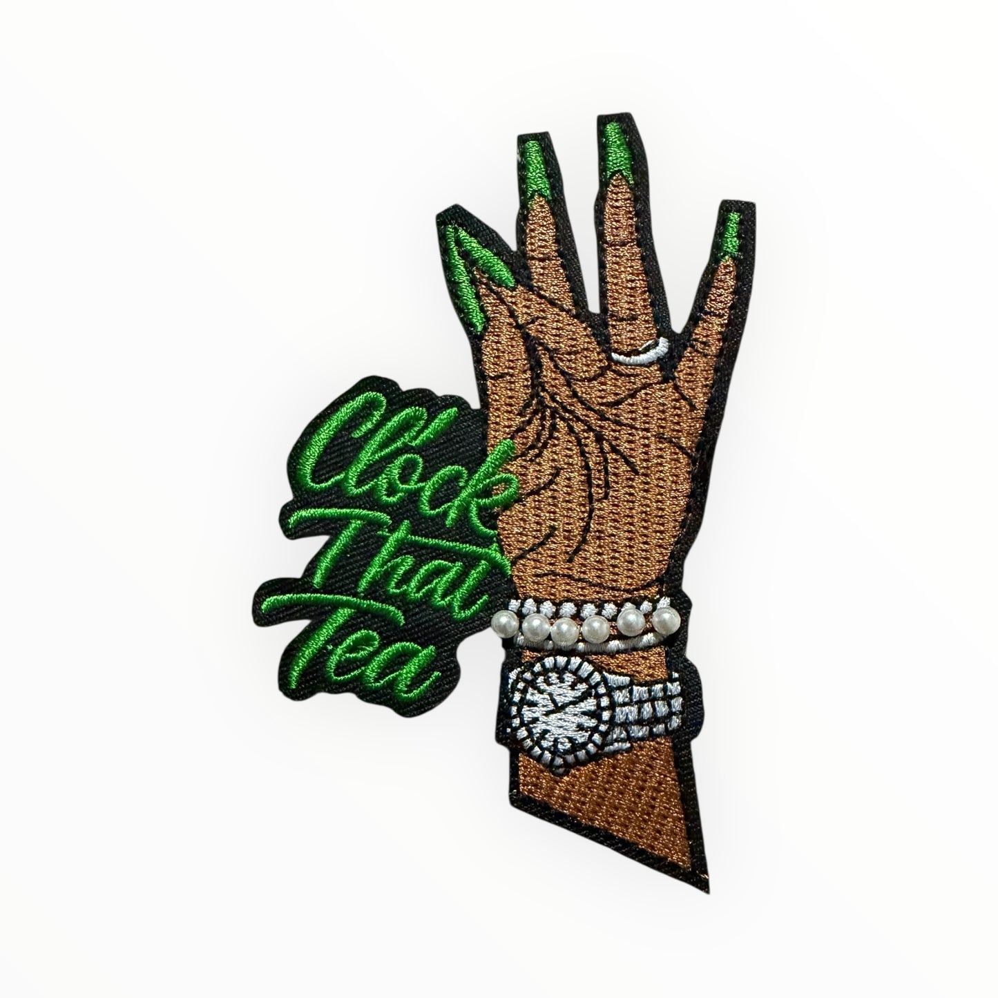 Clock that tea green nails patch w/pearls