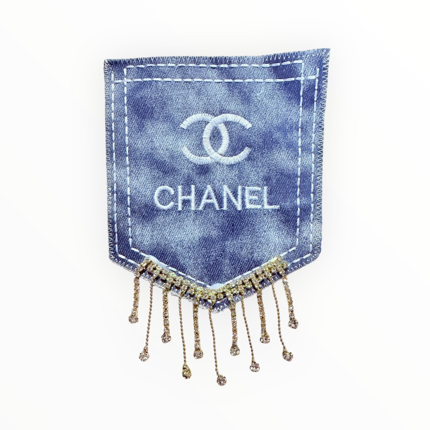 Denim inspired Chanel pocket patch with gold rhinestone fringe