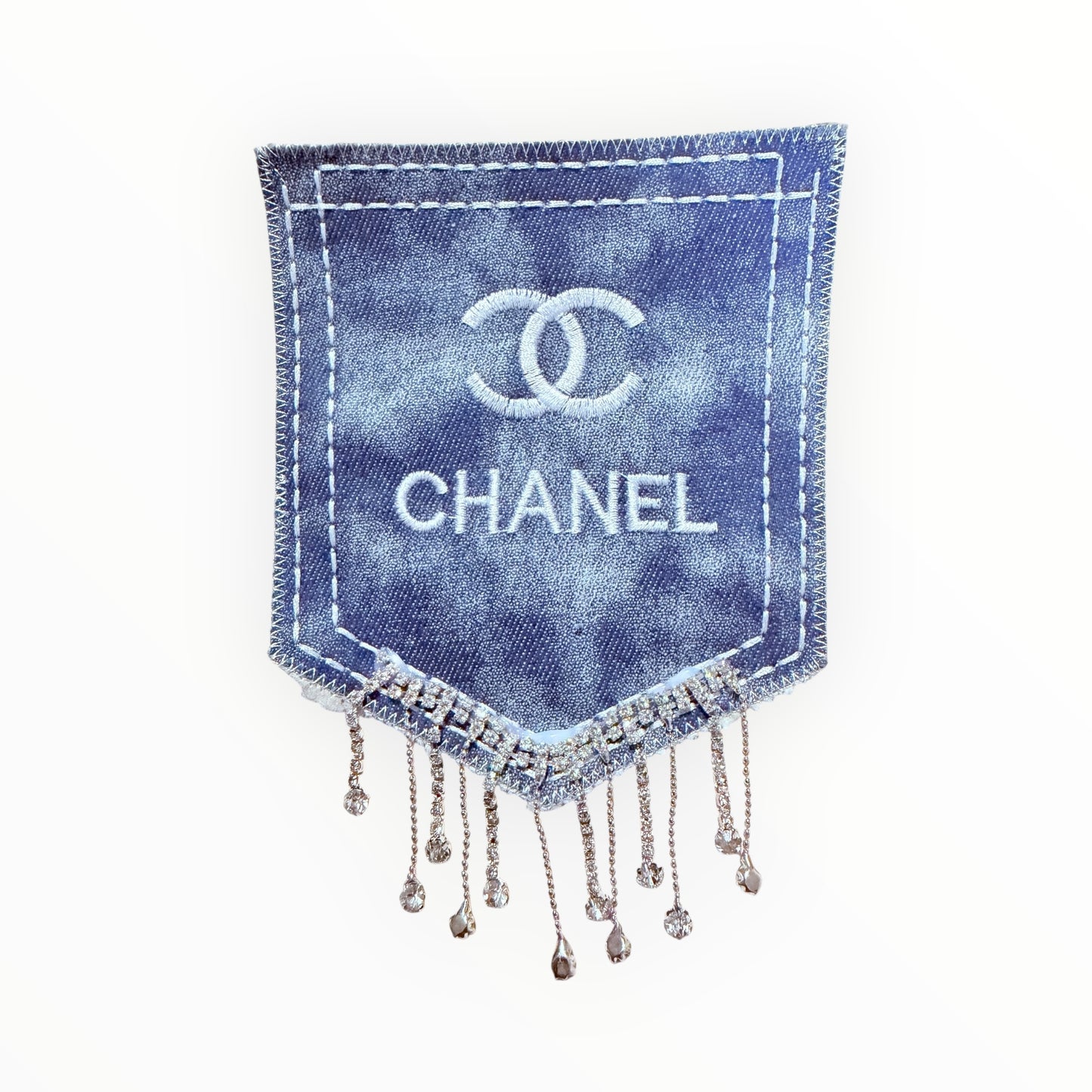 Denim inspired Chanel pocket patch with silver rhinestone fringe