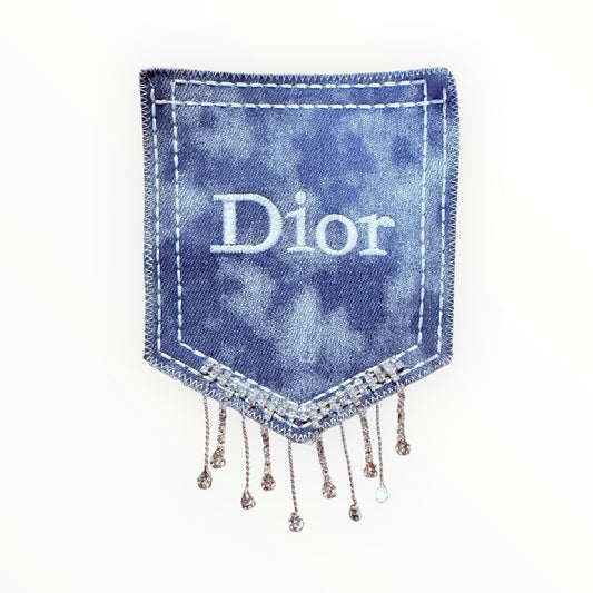 Denim Dior pocket patch with silver rhinestone fringe