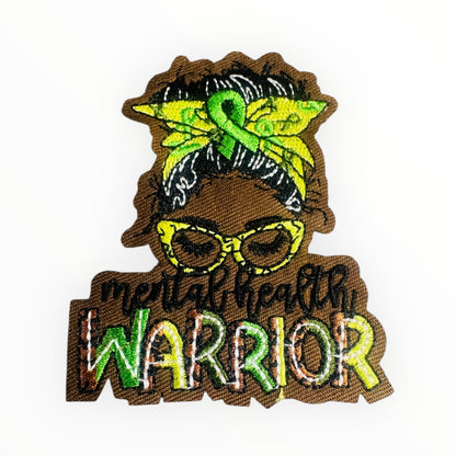 Mental Health Warrior Embroidered Patch – Green Ribbon Afro Woman