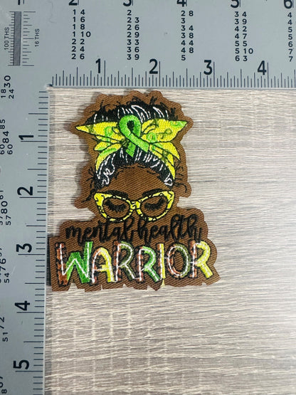 Mental Health Warrior Embroidered Patch – Green Ribbon Afro Woman