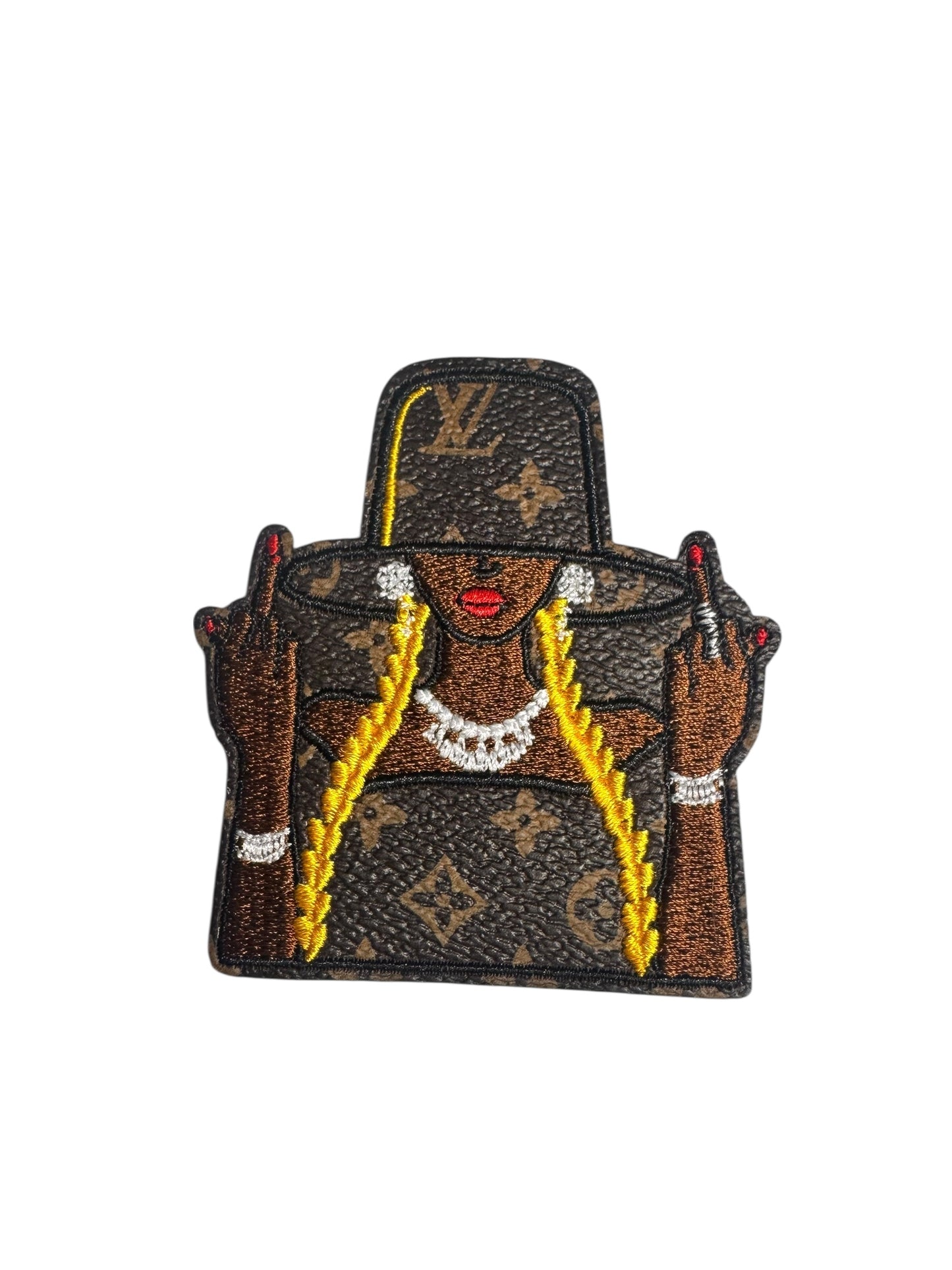 LV-INSPIRED BROWN FAUX LEATHER MIDDLE FINGER UP LADY
