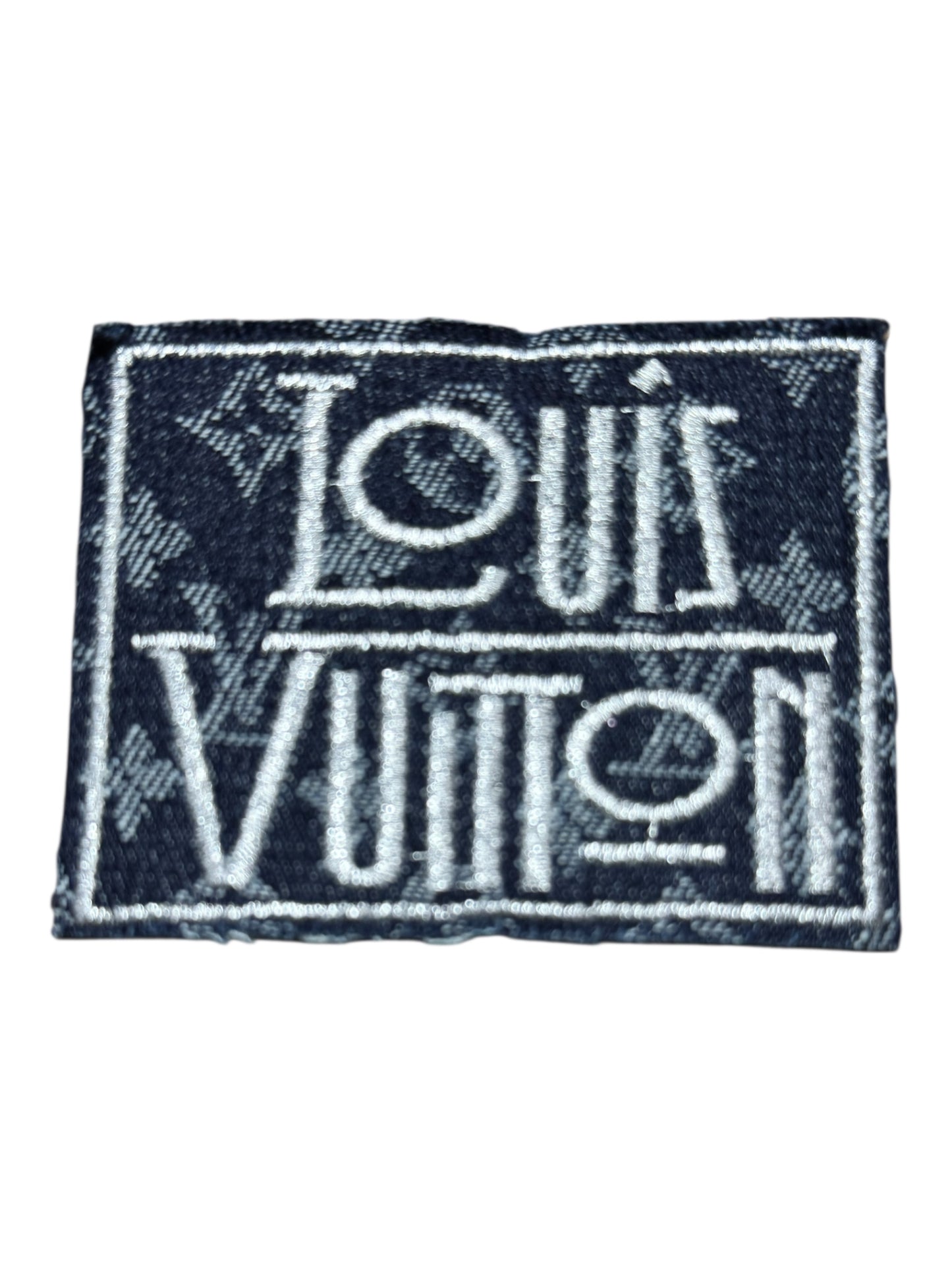 LV-INSPIRED DARK BLUE DENIM SQUARE W/SILVER WORDS