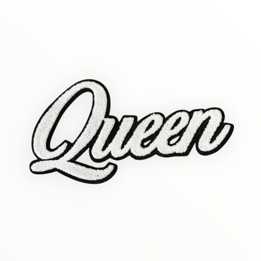 Queen script chenille patch white