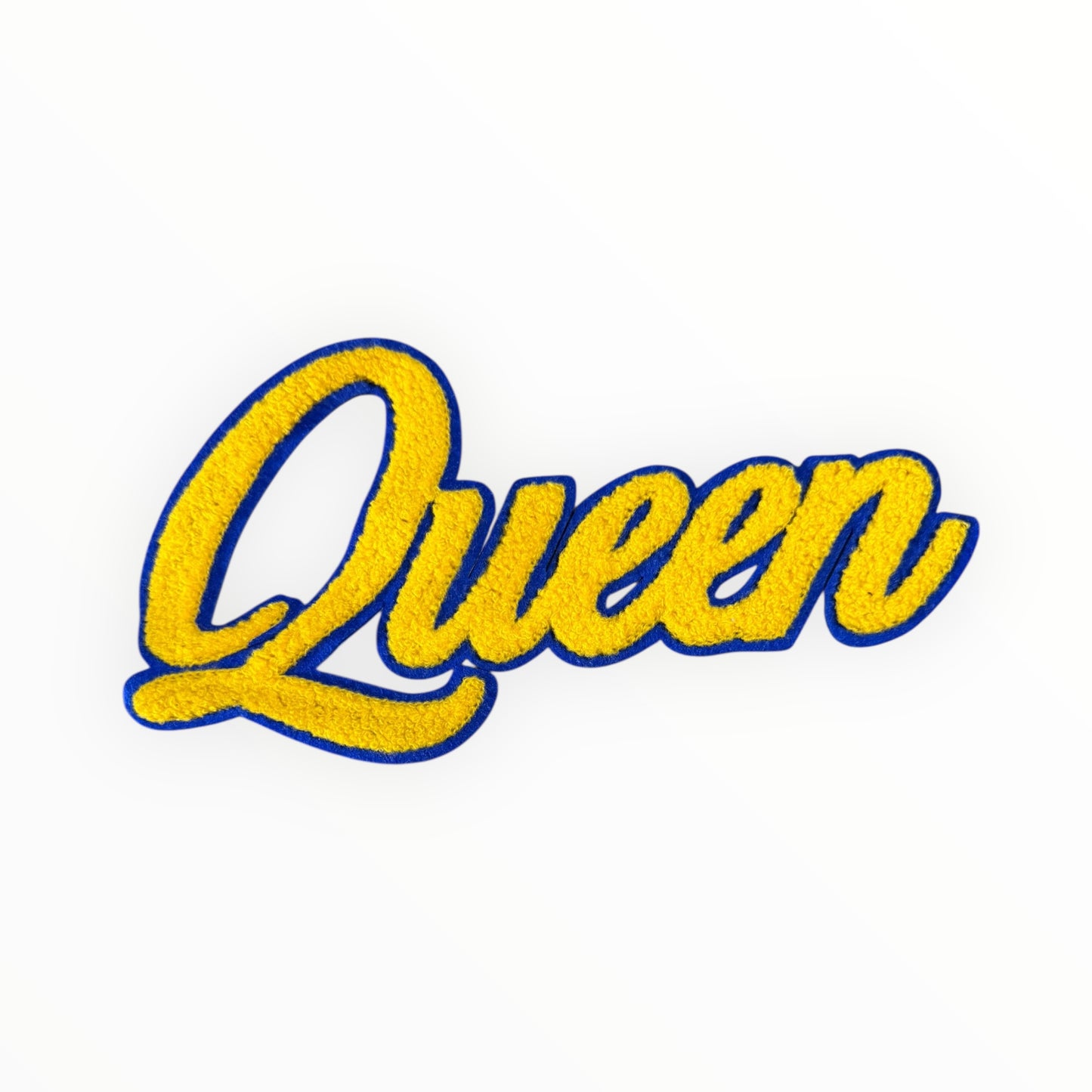 Queen chenille script patch – gold and blue