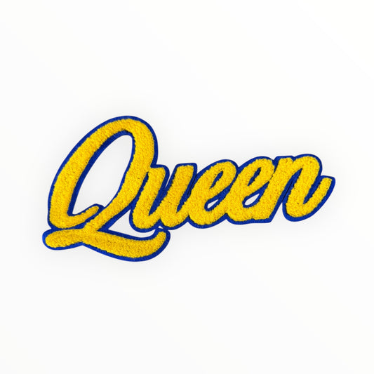 Queen chenille script patch – gold and blue