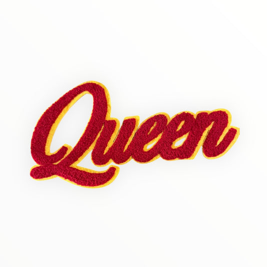 Queen chenille script patch – red and gold