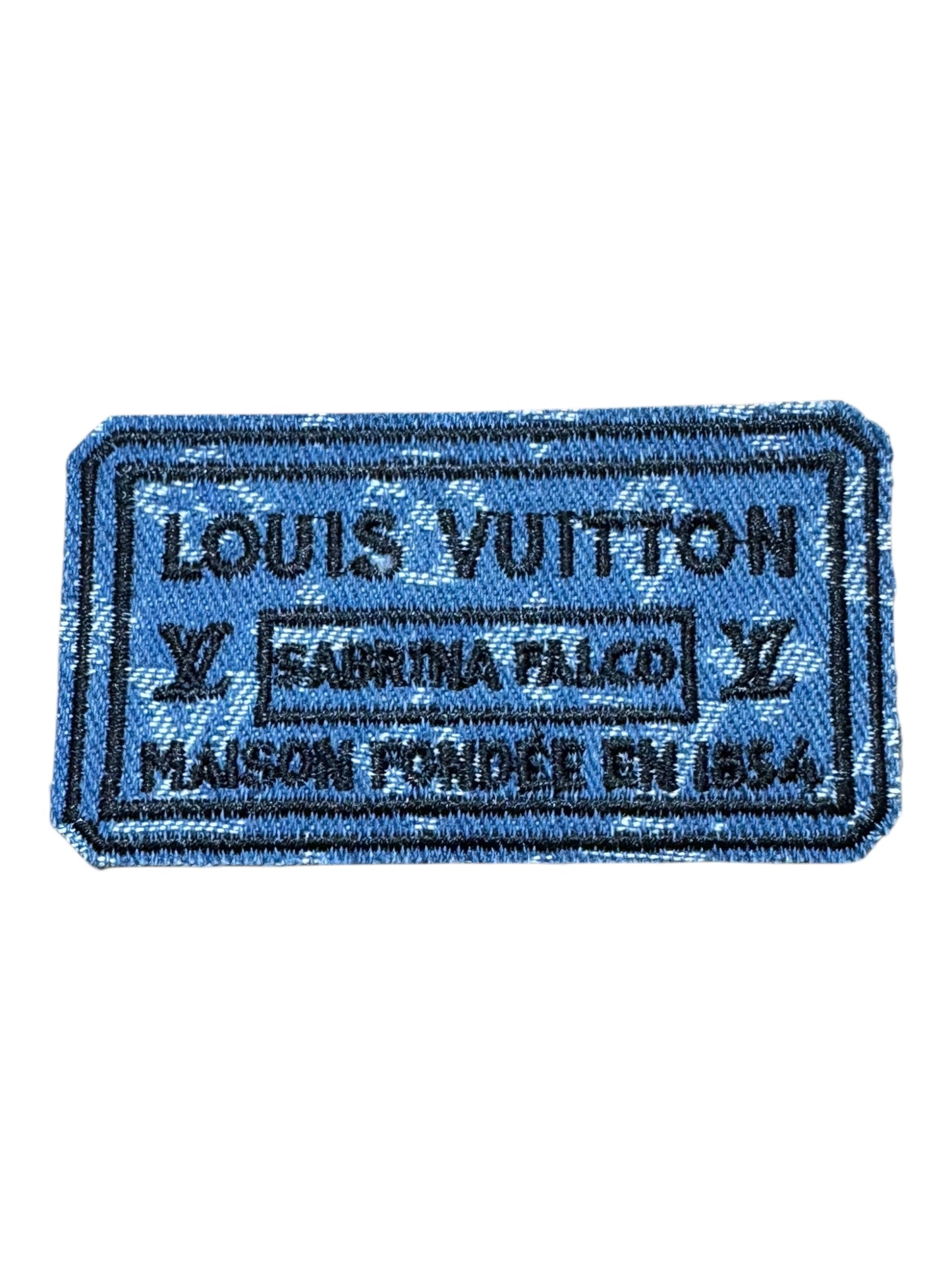 LV-INSPIRED LIGHT BLUE DENIM SQUARE W/BLACK WORDS SABRINA FALCO