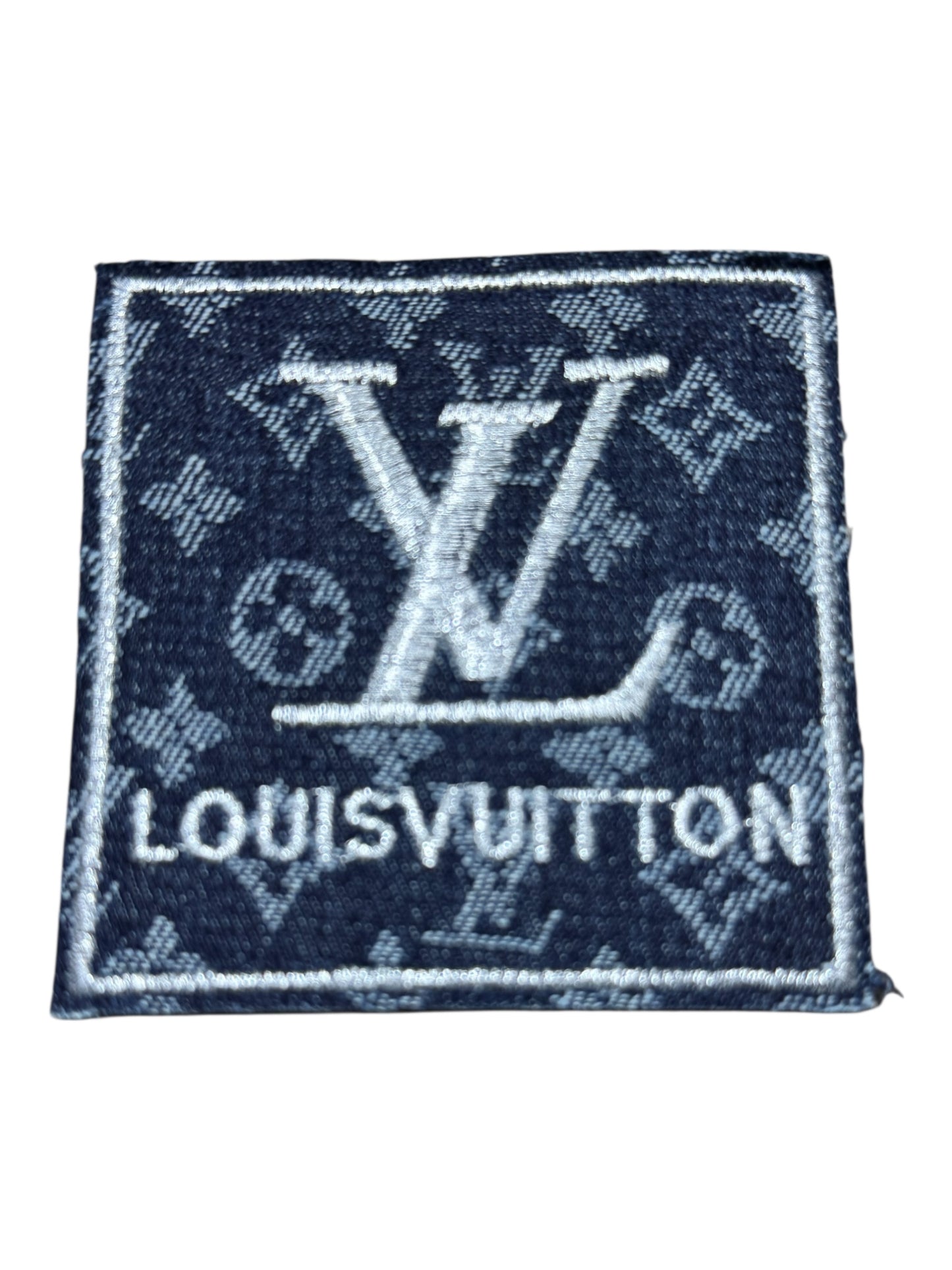 LV-INSPIRED DARK BLUE DENIM SQUARE W/SILVER LETTERS & WORDS