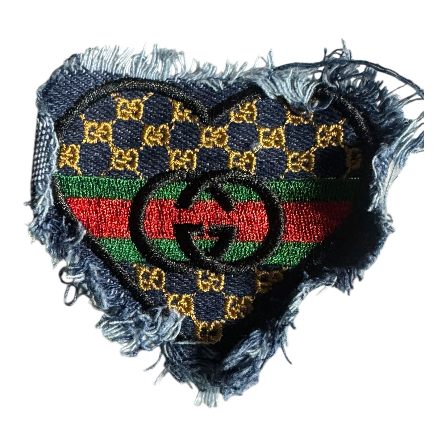 GG INSPIRED DISTRESSED DARK DENIM LOGO HEART 4 INCH WIDE