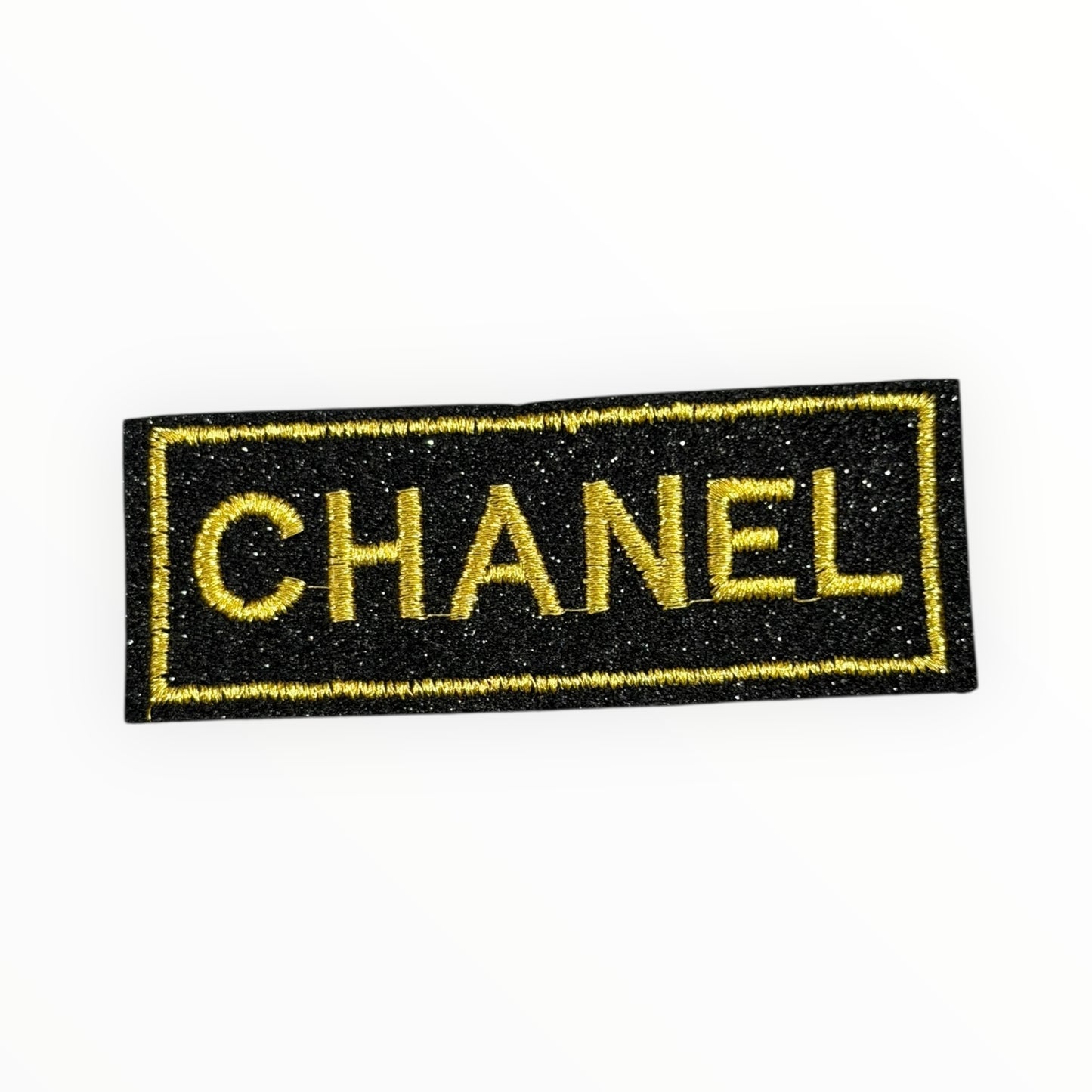 Gold on black GLITTER embroidered chanel word patch