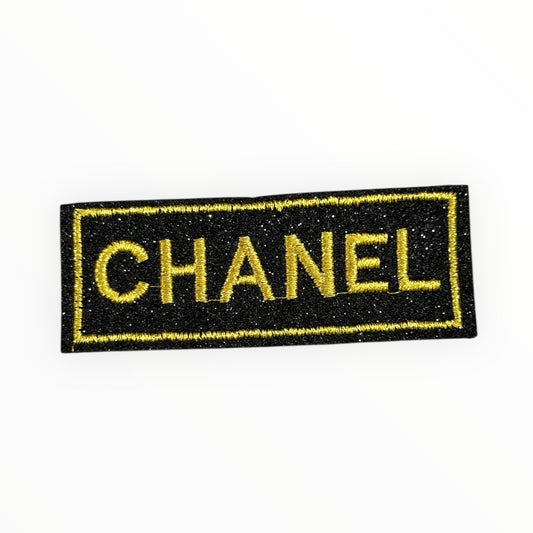Gold on black GLITTER embroidered chanel word patch