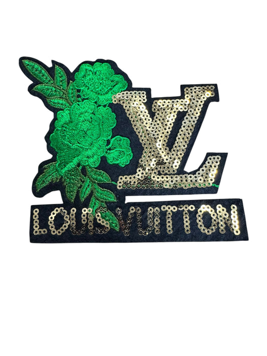 LV-INSPIRED SEQUIN GOLD W/GREEN ROSE