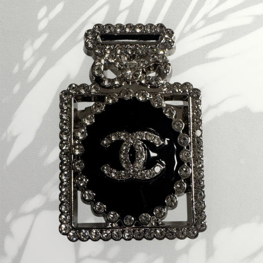 Silver & Black Perfume Bottle Brooch – Rhinestone Double-C Designer-Inspired Pin