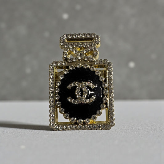 Black & Gold Perfume Bottle Brooch – Rhinestone Double-C Designer-Inspired Pin