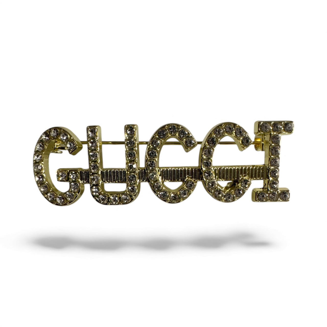 Gold Crystal “GUCCI” Word Brooch – Luxury Rhinestone Statement Pin