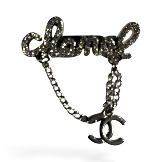 Silver Crystal Chain Brooch – Luxury “Chanel” Script Designer-Inspired Pin