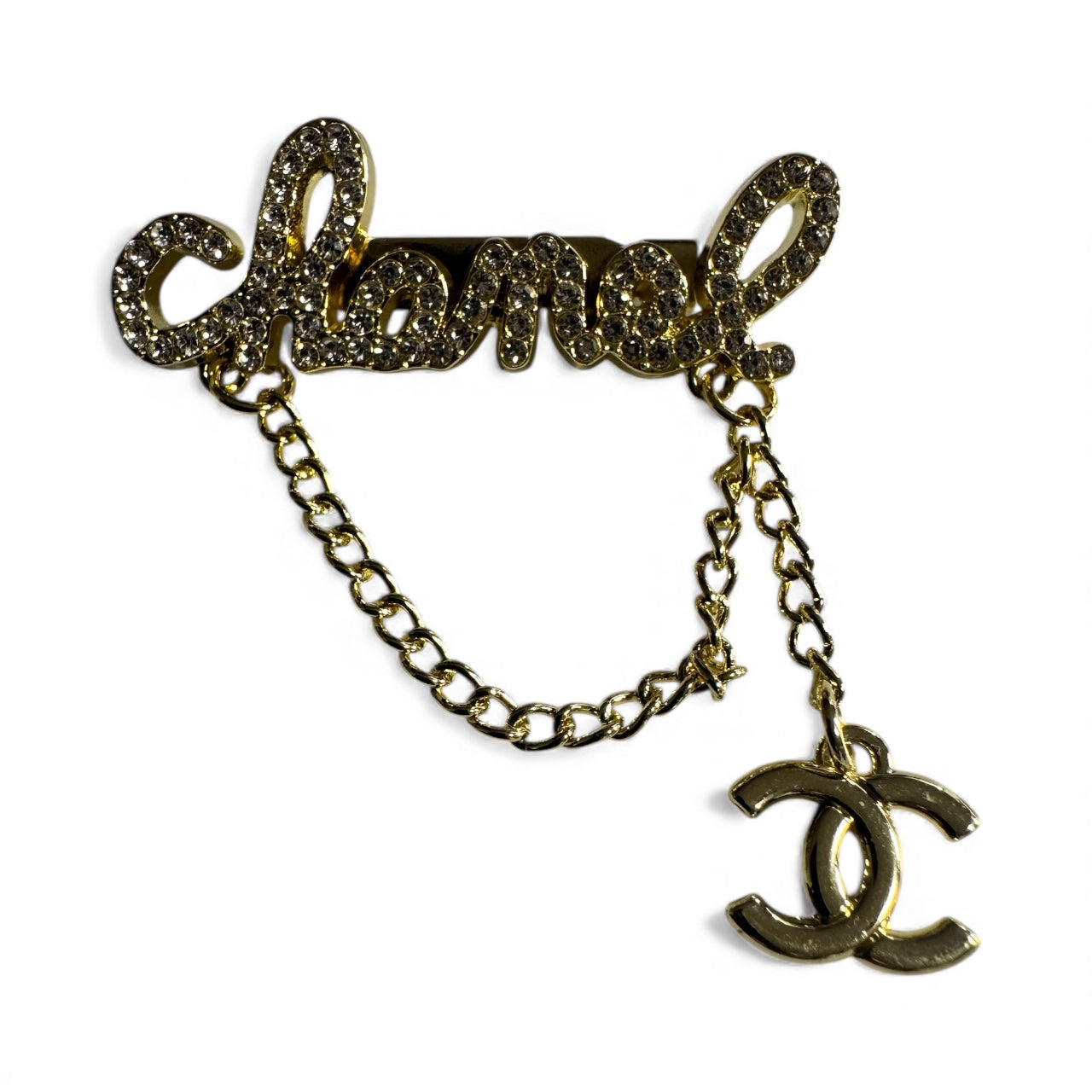 Gold Chain “Chanel” Inspired Brooch – Double-C Rhinestone Statement Pin