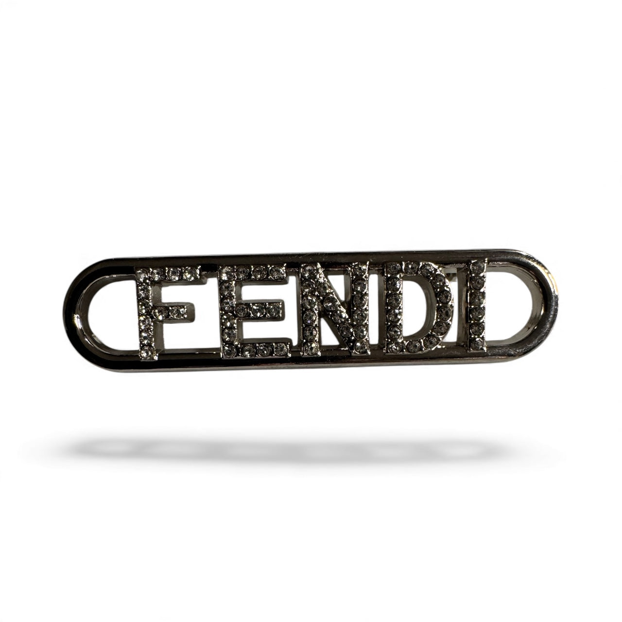 Silver Rhinestone “FENDI” Word Brooch – Designer-Inspired Sparkle Pin