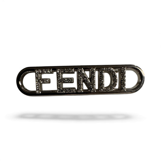 Silver Rhinestone “FENDI” Word Brooch – Designer-Inspired Sparkle Pin
