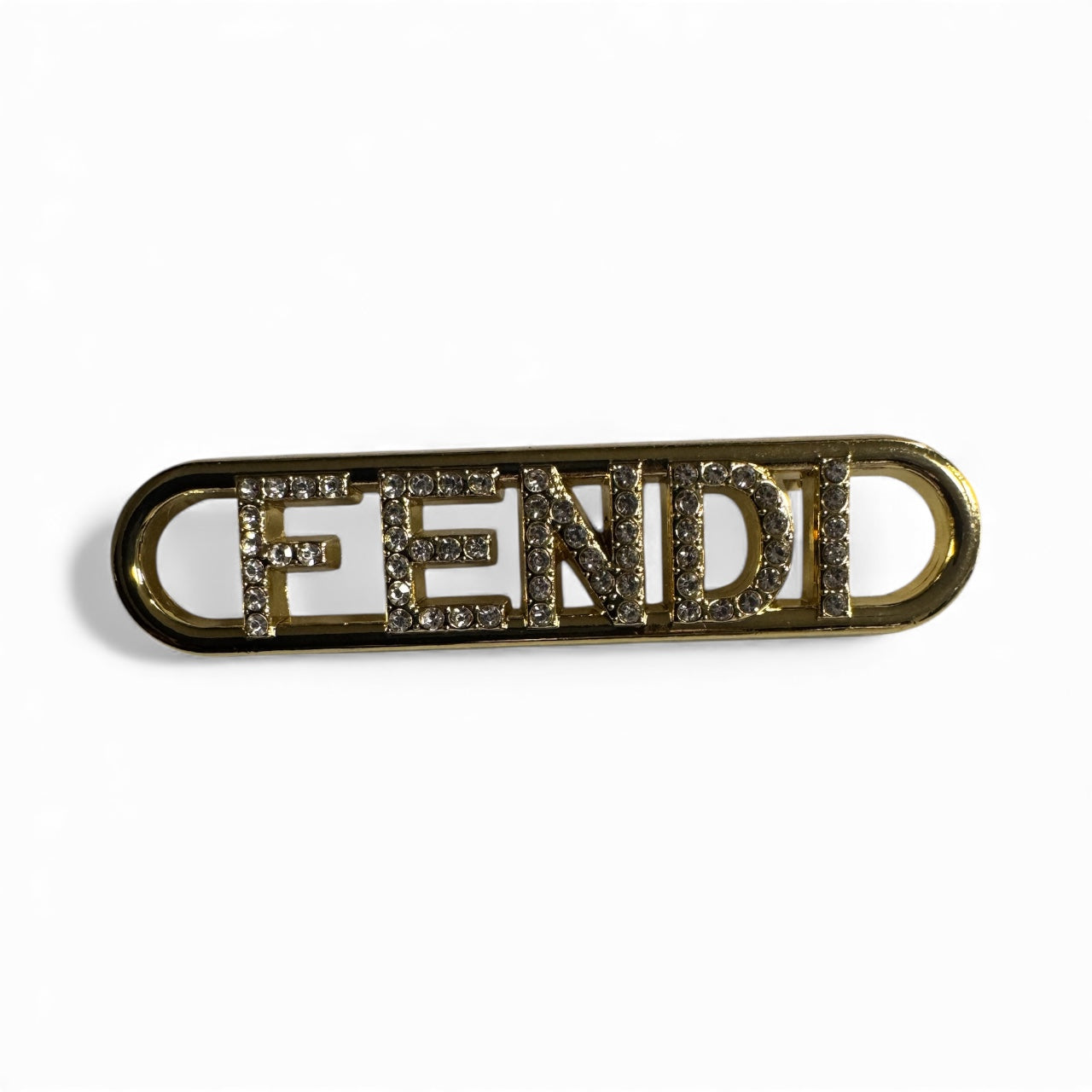 Gold Rhinestone “FENDI” Word Brooch – Designer-Inspired Luxury Statement Pin