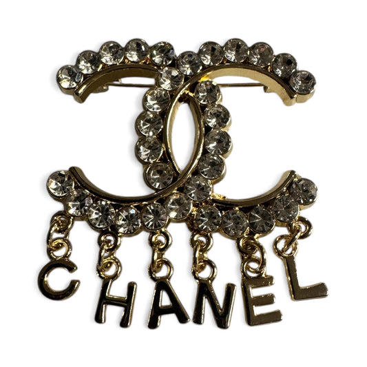 Gold Crystal Double-C “Chanel” Dangle Brooch – Designer-Inspired Glam Pin