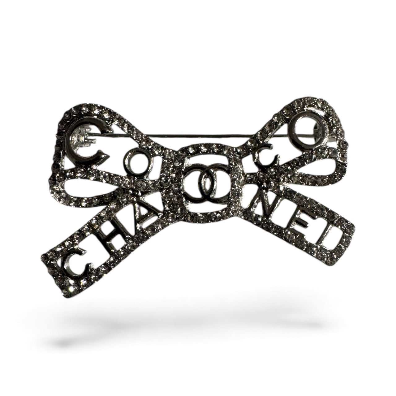 Silver Crystal “Coco Chanel” Bow Brooch – Designer-Inspired Luxury Statement Pin