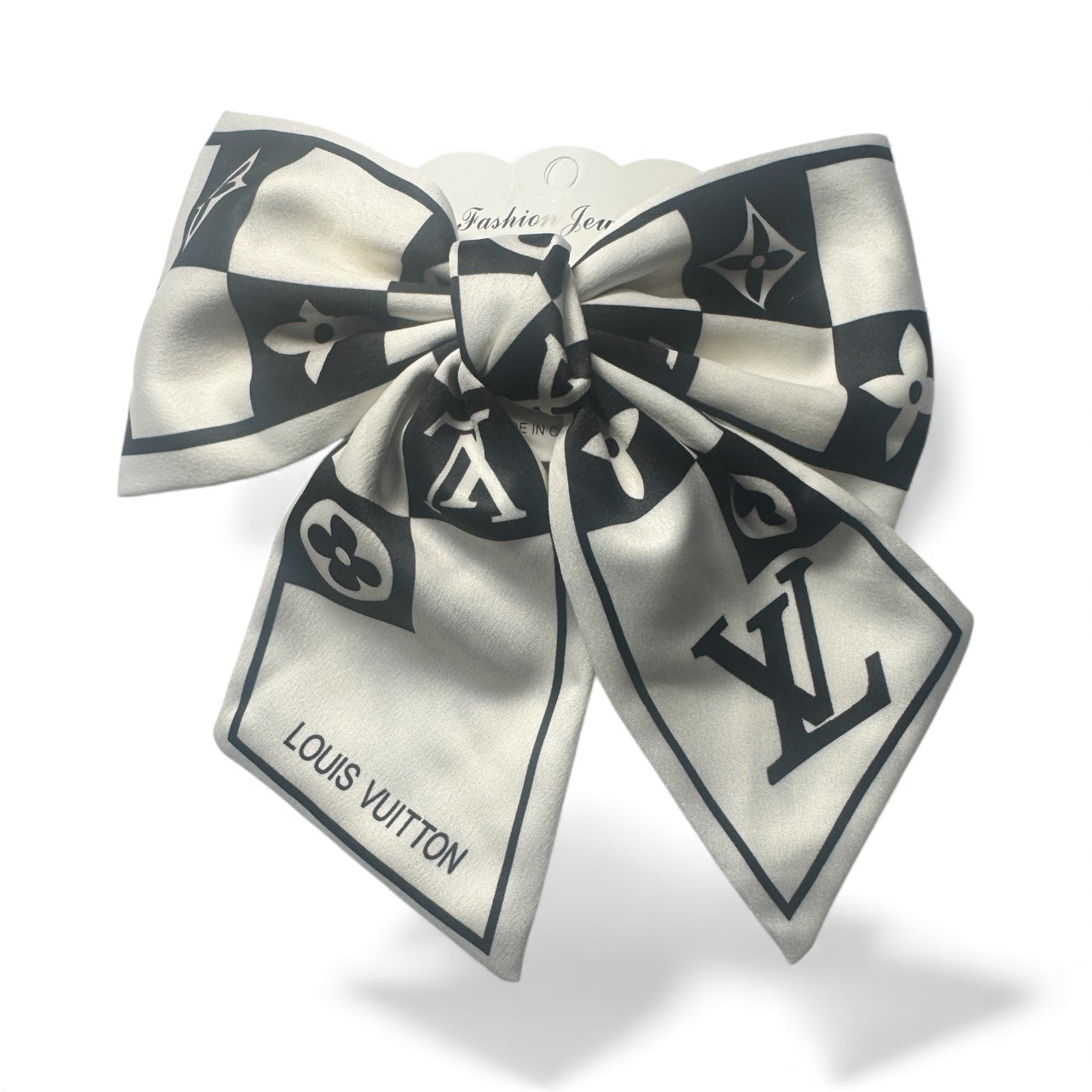 Ivory & Black Designer-Inspired Satin Hair Bow | Luxury Scarf-Style Bow Clip