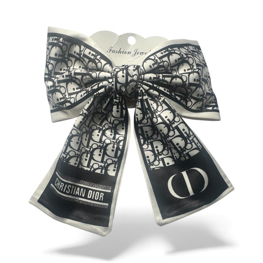 Black & White Designer-Inspired Satin Bow | Luxury “CD” Scarf Hair Clip