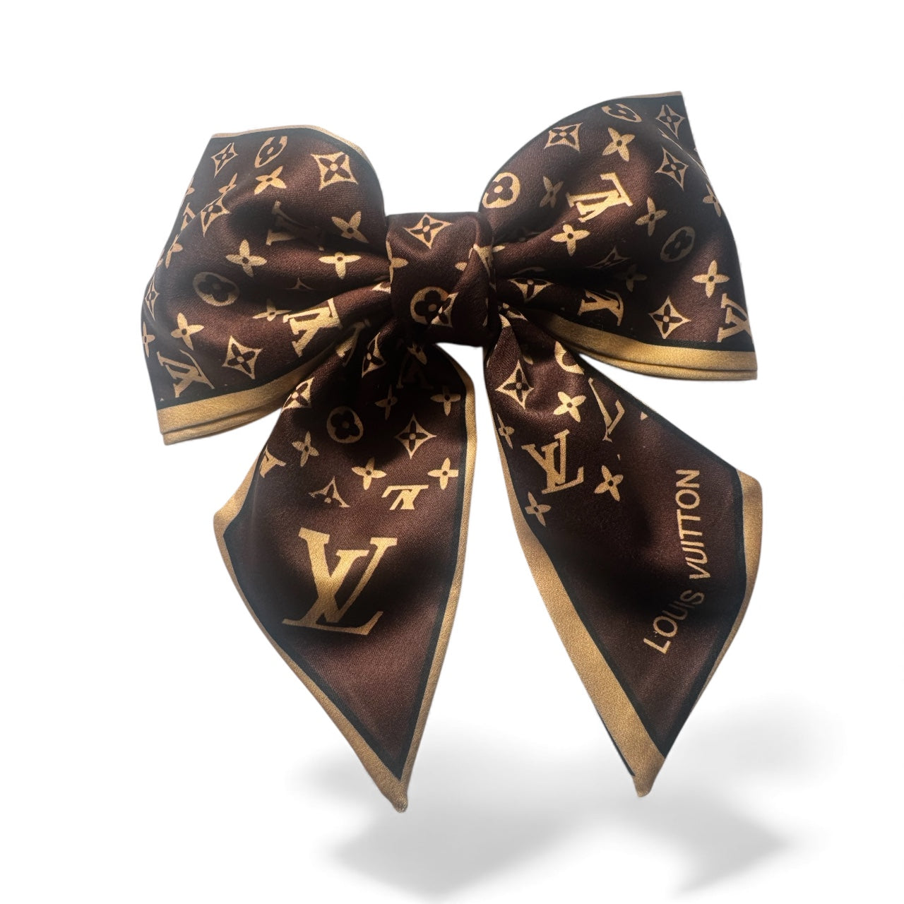 Brown & Gold Designer-Inspired Satin Hair Bow | Classic Luxury Scarf Bow Clip