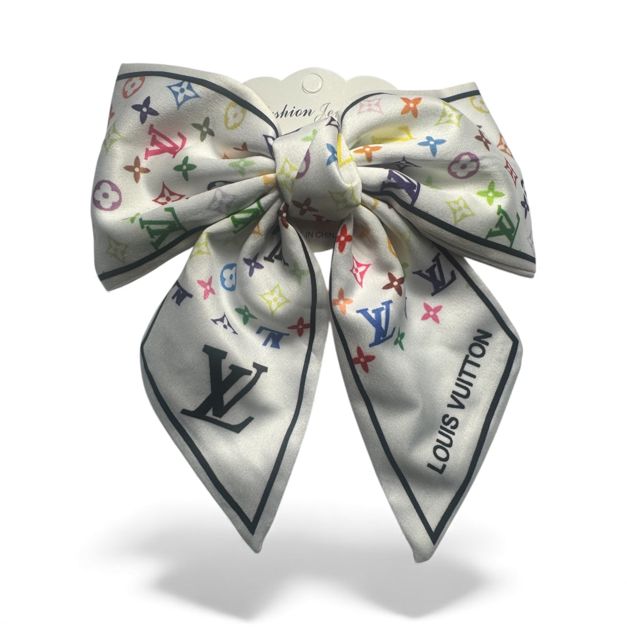 White Multi-Color Designer-Inspired Satin Hair Bow | Luxury Monogram Scarf Bow Clip