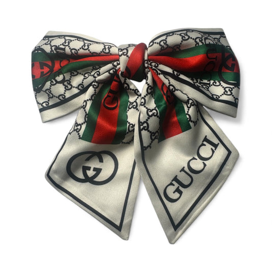 Ivory Red & Green Designer-Inspired Satin Hair Bow | Luxury GG Scarf Bow Clip